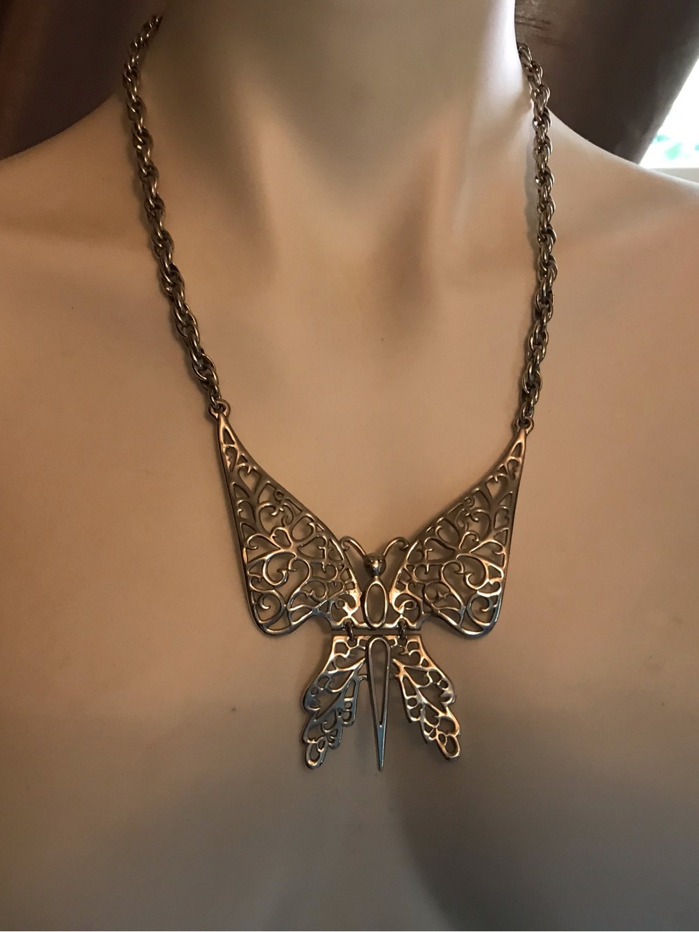 Vintage Silver Filigree Butterfly Pendant Necklace